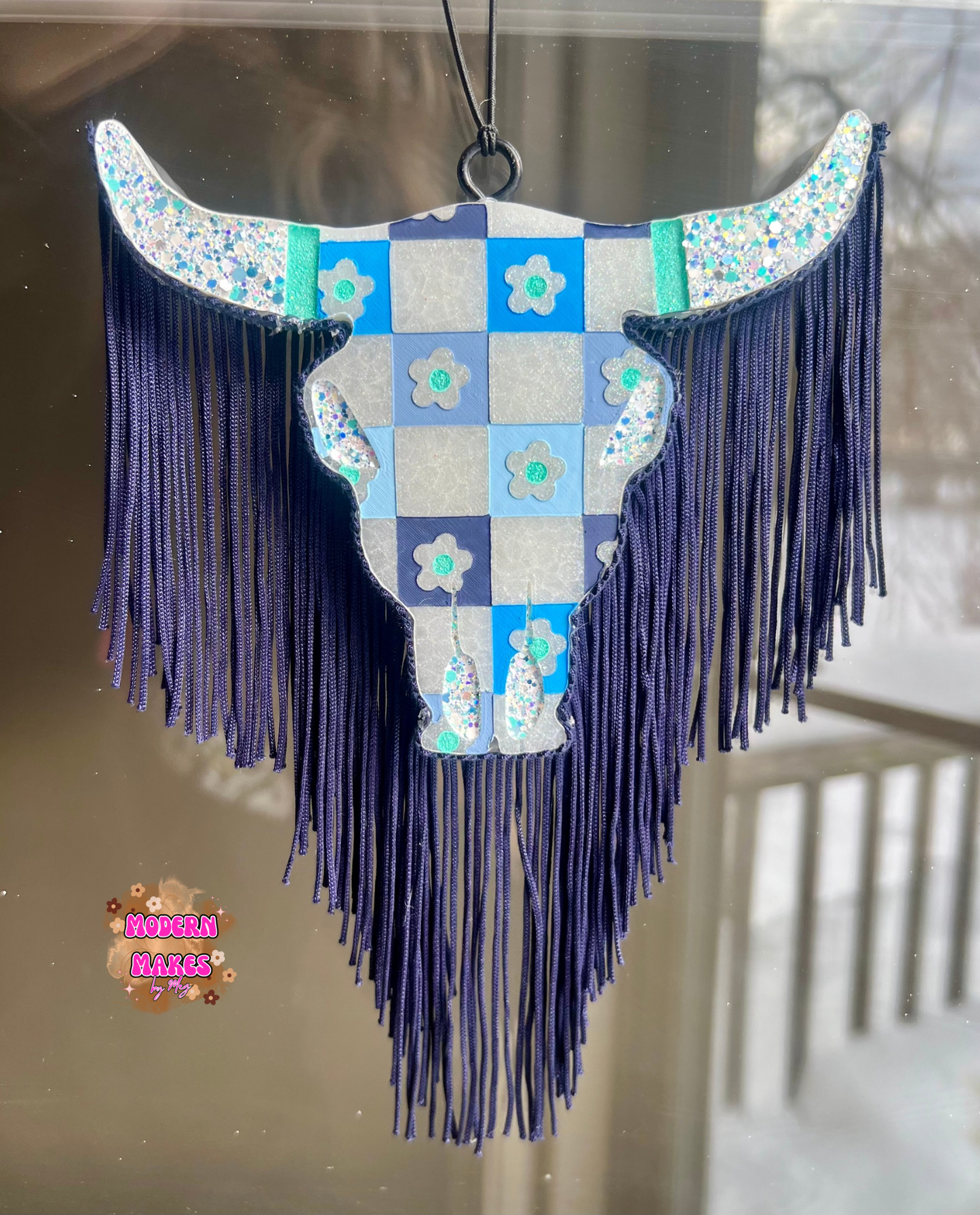 Checkered Floral Bull Skull