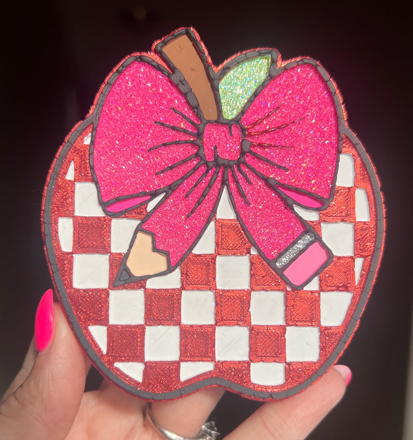 Checkered Apple w/ Pencil Bow